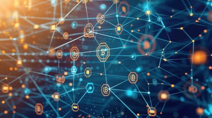 Blockchain nodes visualized in a network, interconnected and decentralized.