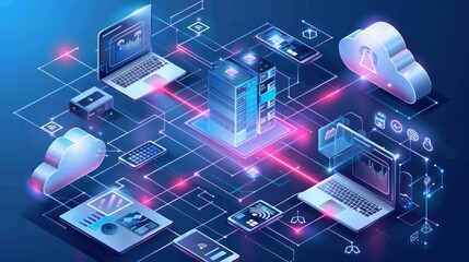 Poster - cloud technology and iot devices connected to digital storage in data center via internet - smart ho