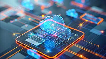 Poster - cloud technology and iot devices connected to digital storage in data center via internet - smart ho