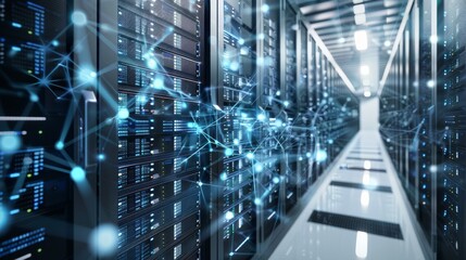 Wall Mural - 3d rendering of a high-tech data center room featuring connected network servers and storage systems