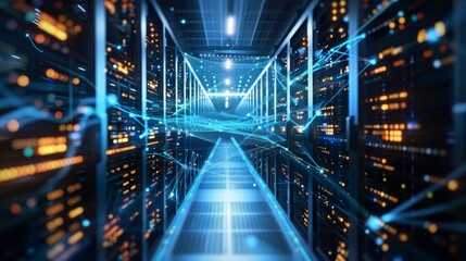 Wall Mural - 3d rendering of a high-tech data center room featuring connected network servers and storage systems