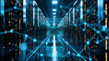 Wall Mural - 3d rendering of a high-tech data center room featuring connected network servers and storage systems