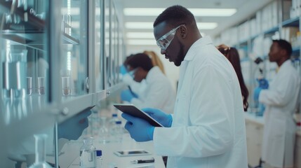 an advanced lab: portrait of latinos and blacks working in the lab with a microscope examining a sam