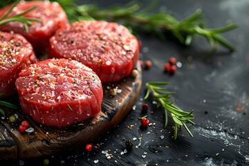 Wall Mural - Freshly Seasoned Beef Steaks with Herbs and Spices