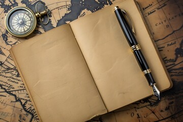 Compass and notebook on vintage map background. Travel and adventure concept.