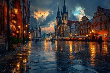 Wall Mural - Enchanting Evening in a Historic European Square After Rain