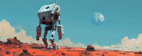 Wall Mural - retro-futuristic robot exploring desolate planet with pixelated form