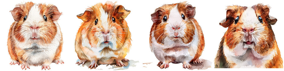 Wall Mural - Four cute brown and white guinea pigs are sitting in a row