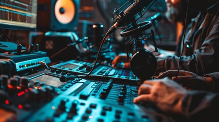 Wall Mural - Cropped view of two radio hosts recording podcast in professional broadcasting studio with high-quality microphones and audio equipment, emphasizing modern technology and media production techniques f