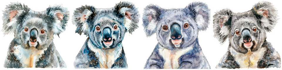 Wall Mural - Four koalas are shown in a row, each with a different expression