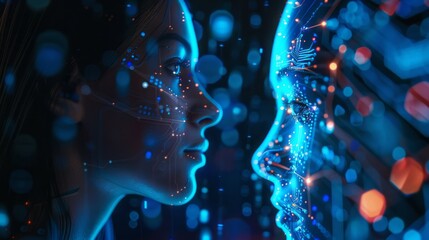 Wall Mural - cyborg woman interacting with ai logo on smartphone screen in futuristic blue virtual cyberspace – a