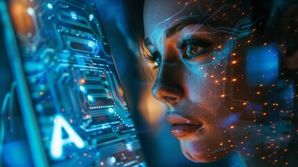 Wall Mural - cyborg woman interacting with ai logo on smartphone screen in futuristic blue virtual cyberspace – a