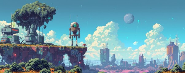 Wall Mural - a pixel art depiction of a pixelated robot exploring a pixelated alien world.