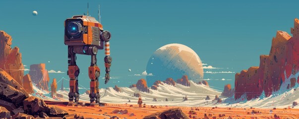 Wall Mural - a pixel art rendition of a retro-futuristic robot exploring a desolate planet, its pixelated form co