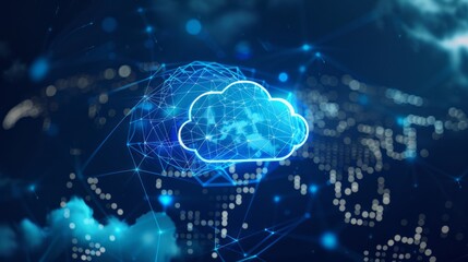 Wall Mural - cloud computing technology concept with large cloud icon and global connectivity on abstract world m