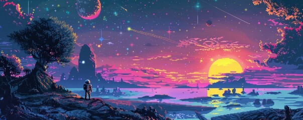 Wall Mural - a pixel art depiction of a pixelated robot exploring a pixelated alien world.
