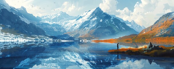 Wall Mural - A tranquil mountain lake reflecting the surrounding peaks, with a lone fisherman casting his line into the water.