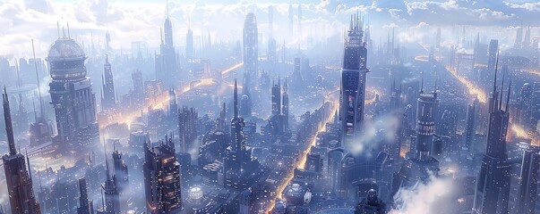 Wall Mural - A panoramic view of an alien city nestled amidst towering skyscrapers.