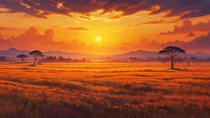 Canvas Print - Sunset over a meadow with poppies and mountains in the background