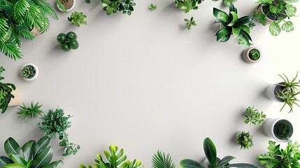 Wall Mural - Illustration of a white empty desk topdown with top view green plants. generative ai