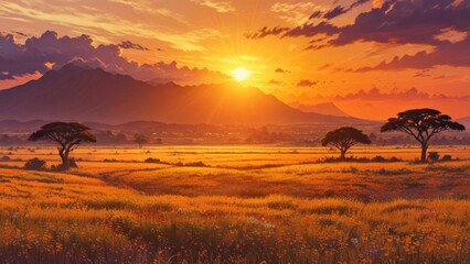 Canvas Print - Sunset over a meadow with poppies and mountains in the background