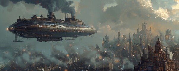 Wall Mural - A steampunk airship soaring through a smog-filled Victorian city, its steam billowing against the backdrop of towering factories and cobblestone streets.