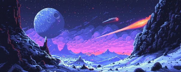 Wall Mural - a pixel art illustration of a spaceship exploring a distant planet.