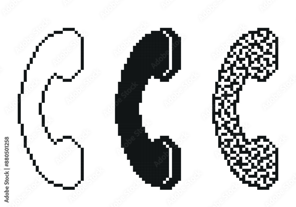 Handset icon with outline, silhouette and QR code texture isolated on ...