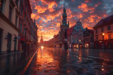 Wall Mural - Stunning Sunset Over a Historic European City Street