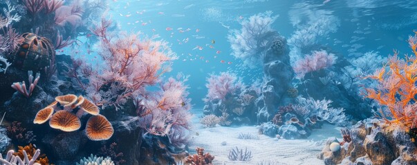 Wall Mural - Serene coral garden with intricate coral formations, 4K hyperrealistic photo