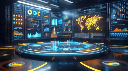 Poster - Futuristic Interface with World Map and Data Visualizations.