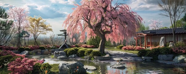 Wall Mural - Graceful weeping cherry tree in a Japanese garden, 4K hyperrealistic photo