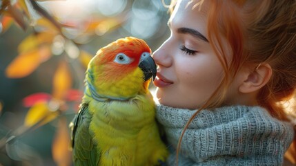 A vibrant and colorful parrot with yellow and green feathers sitting on a person's shoulder amidst a background of autumn foliage and soft lighting.