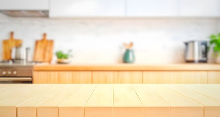 Wall Mural - Wooden table top on blurred minimalist kitchen bench background. Generative ai