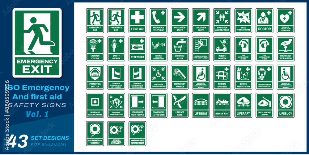 Proper Emergency Sign 43 set iso emergency and first aid safety signs v1 size a4/a3/a2/a1 ...