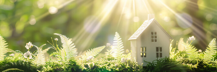 Poster - White house model on a green background with sun rays and sunlight, a banner for real estate or living concept. A mini white wooden home in a nature landscape with grass,