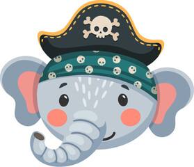 Wall Mural - Cartoon elephant animal pirate and corsair. Adorable sailor, captain, skipper and boatswain cute character. Isolated vector kawaii safari zoo personage face with a sweet smile, playful bandana and hat