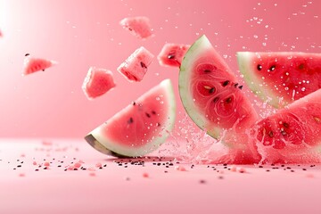 Sticker - Refreshing Watermelon Slices and Cubes in Mid-Air Splash