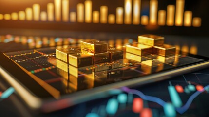 Aufkleber - A digital tablet with a detailed gold price chart and economic indicators.