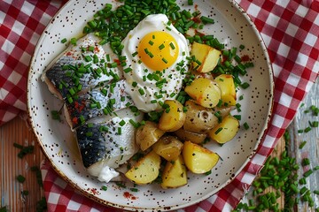 Wall Mural - Delicious Plate of Grilled Fish, Roasted Potatoes, and Sunny-Side-Up Egg