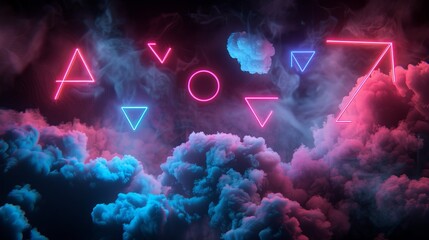 Wall Mural - 3d render of geometric shapes emitting neon glow against dramatic cloud backdrop, isolated on black 