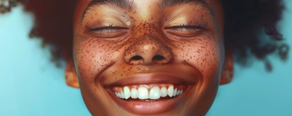 Wall Mural - A photorealistic image of a person's face expressing pure joy, their eyes sparkling and their smile wide.