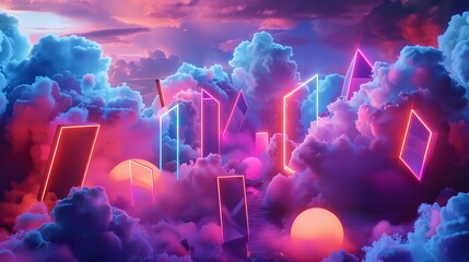 Wall Mural - 3d render of geometric shapes emitting neon glow against dramatic cloud backdrop, isolated on black 