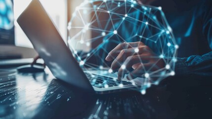 A man uses a digital tablet and laptop with a global network connection. Internet platform technology, digital software development, future technology background, IoT concept.