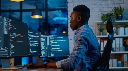 A young african male programmer is sitting in the office with three monitors writing a program. The image is focused on the screen.