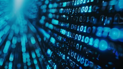 On a blue background, digital binary data is displayed on a computer screen