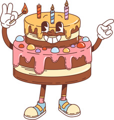 Wall Mural - Retro groovy birthday cake character. Isolated cartoon vector festive pastry personage ready to light the candles, with colorful icing and a big smile, enjoying cheerful birthday event celebration