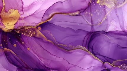 Canvas Print - An elegant purple and gold stone marble texture. Abstract background using alcohol ink. Modern paint with glitter. A template for banners or posters.