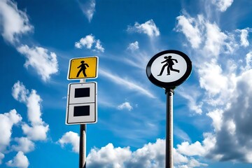 Isolated pedestrian crossing sign on pole with cloudy bluesky background.