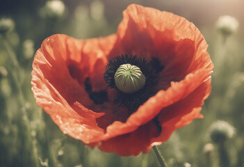 Close-up of a beautiful single single poppy flower Digital Art Natural background Illustration for b